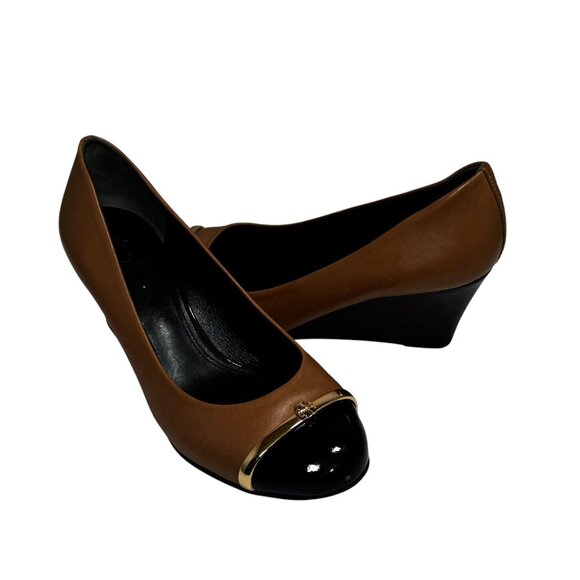 Tory Burch Womens 7.5 Pacey Wedge Pump Shoe Cap Toe Tan Leather - Picture 6 of 11